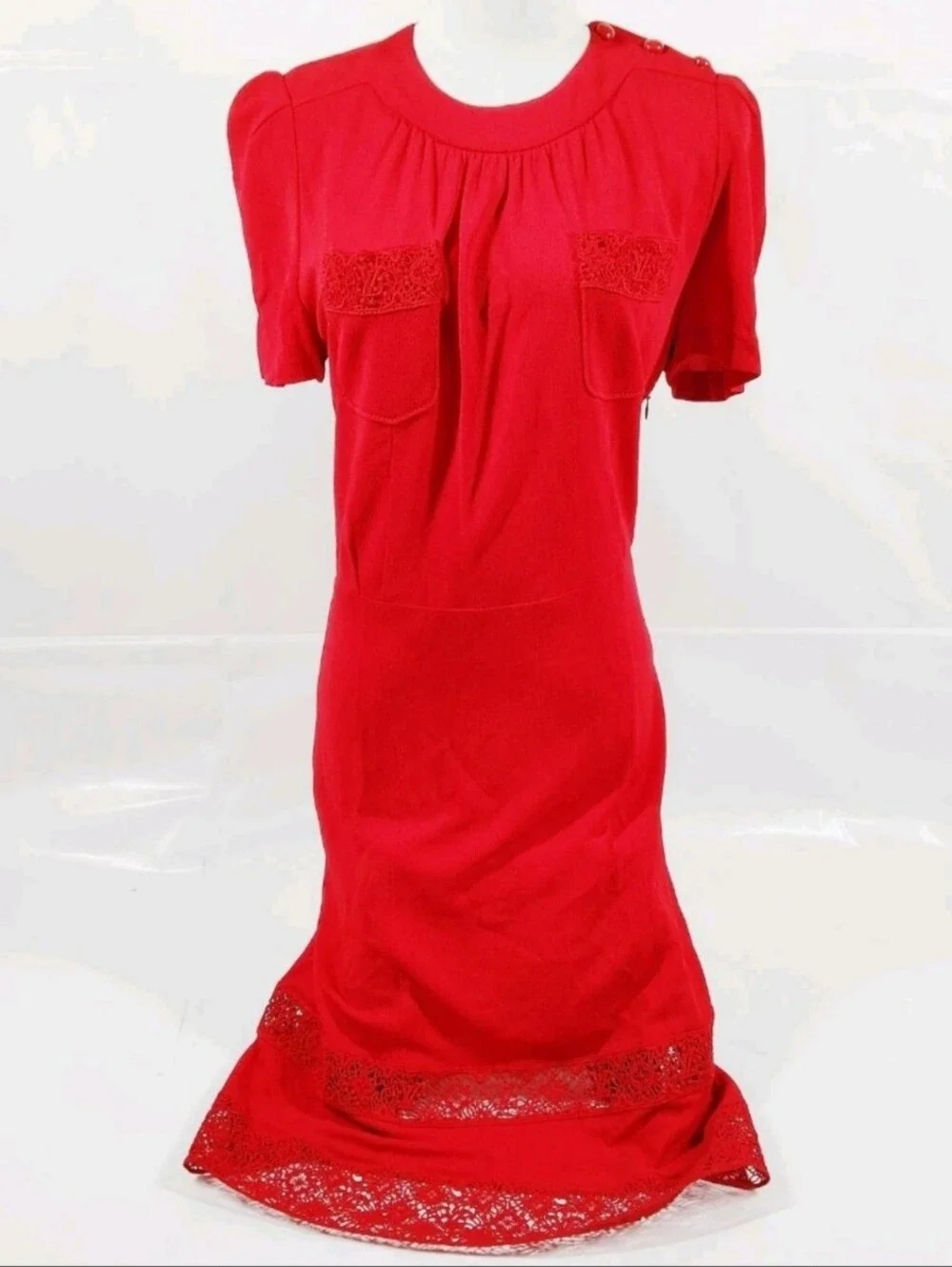 Louis Vuitton Red Short Sleeve Rayon Silk Cotton Polyester Lace Trim Midi Dress
